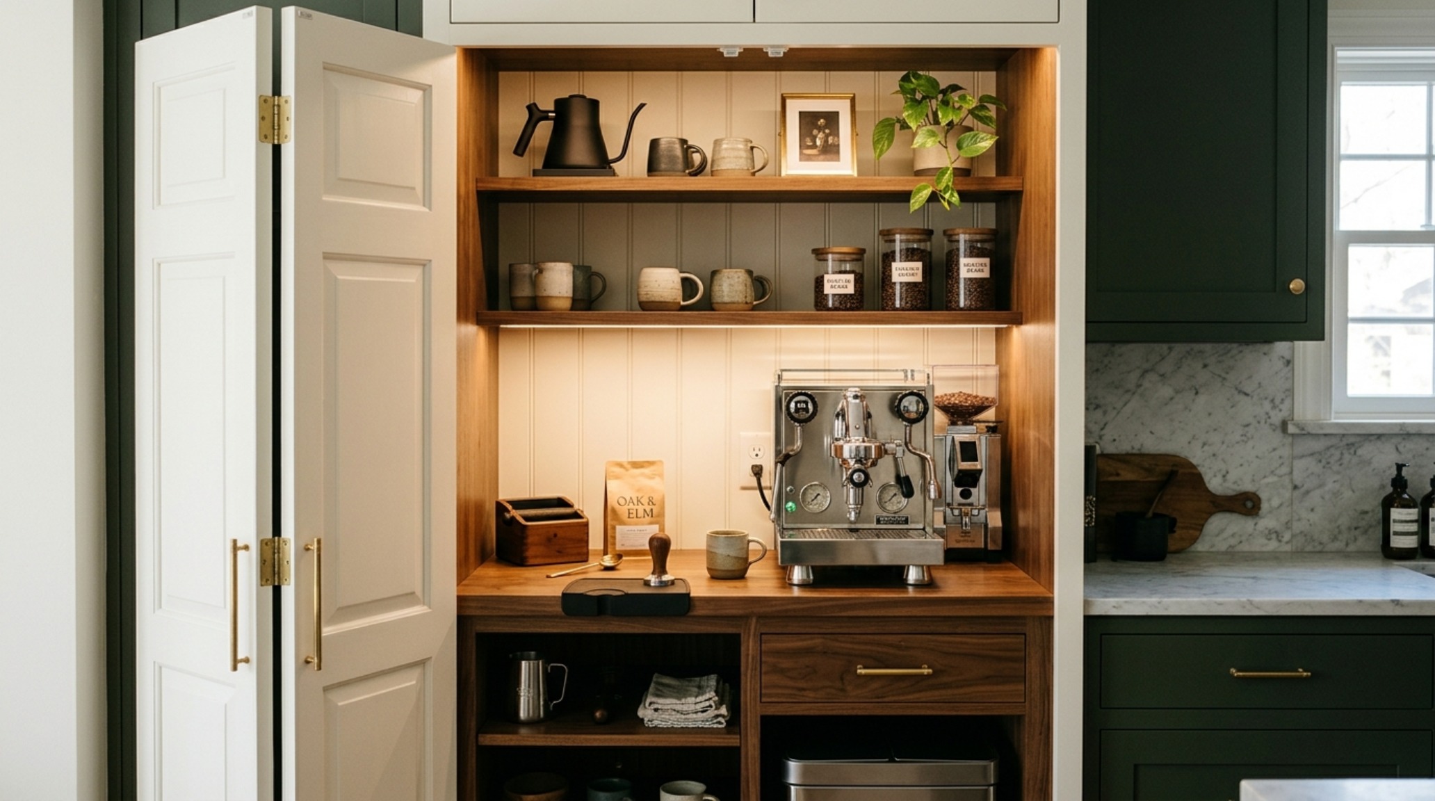 A bi-fold pantry door opening to reveal a coffee station with high CRI lighting, illustrating modern small pantry organization ideas ideas. A bi-fold pantry door opening to reveal a coffee station with high CRI lighting, illustrating modern small pantry organization ideas ideas.