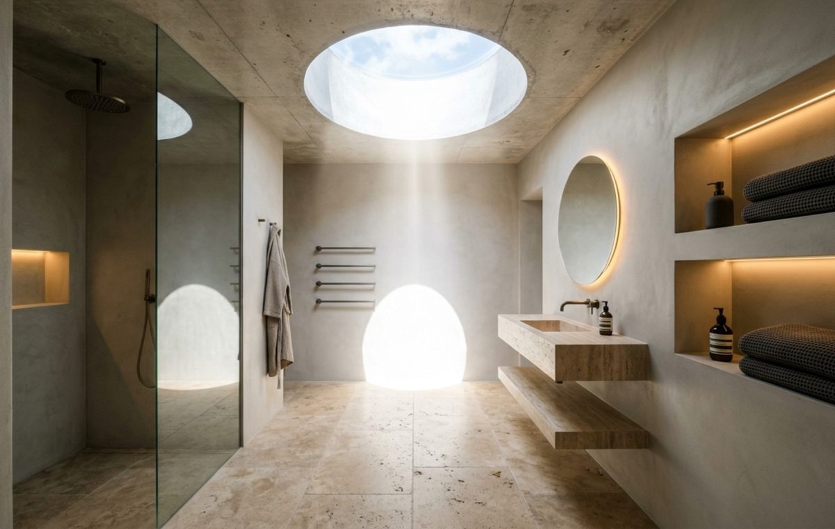 Subterranean natural lighting solutions featuring a polished sun-tube illuminating a minimalist concrete bathroom with high CRI 92+ lighting.