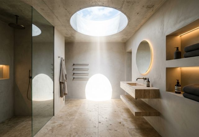 Subterranean natural lighting solutions featuring a polished sun-tube illuminating a minimalist concrete bathroom with high CRI 92+ lighting.