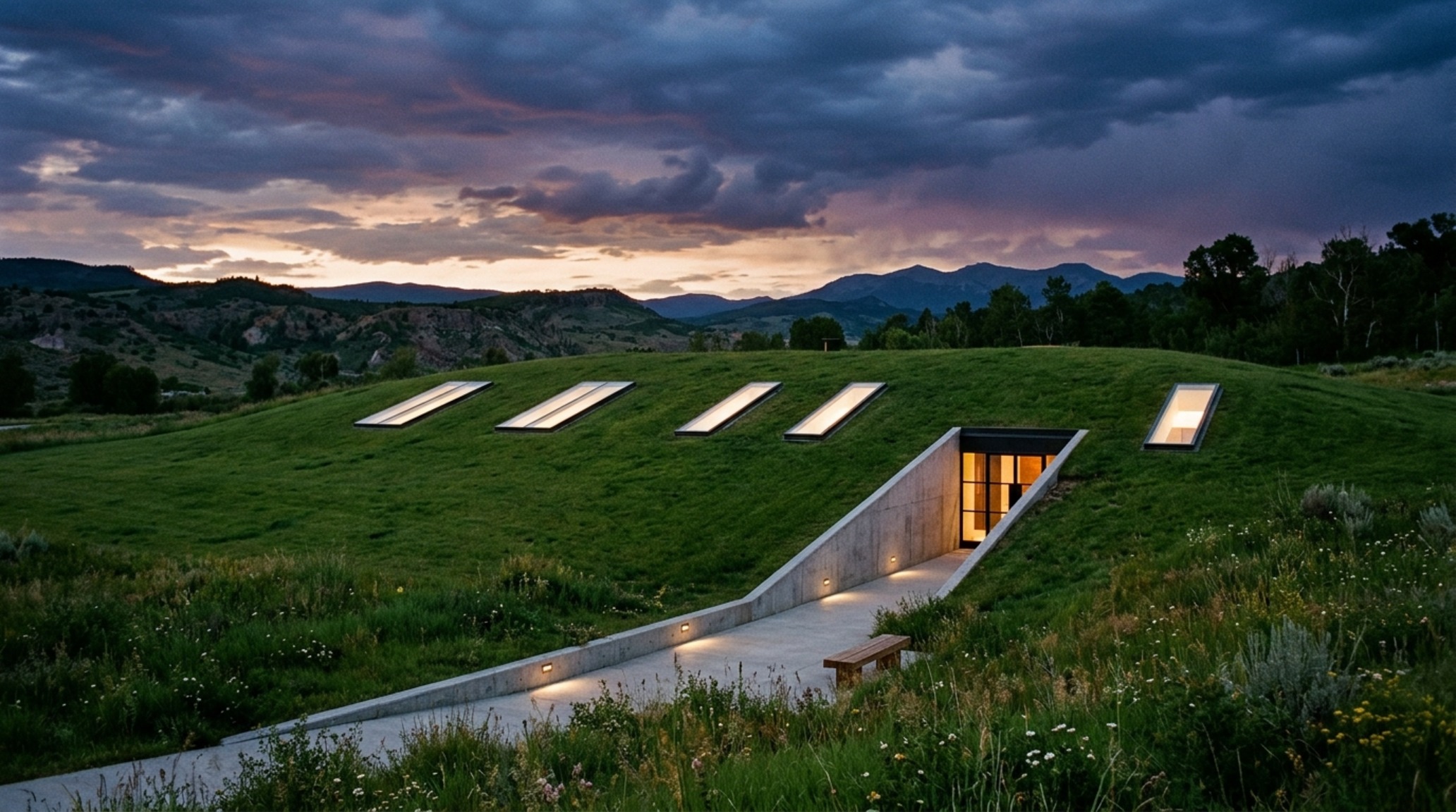 Invisible villa architectural blueprints illustrating a home submerged into the landscape with geometric glass skylights and a hidden stone entrance.
