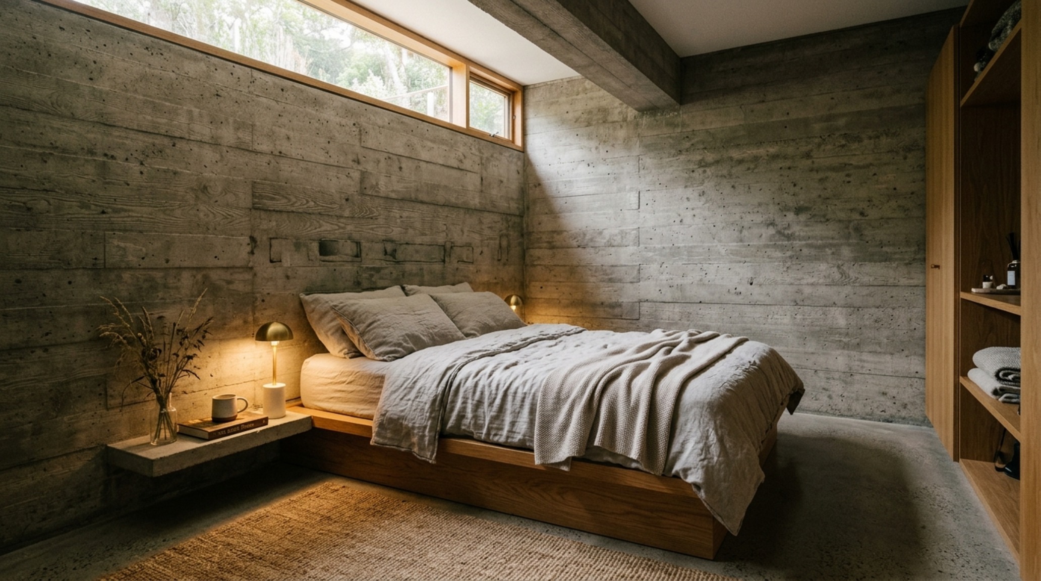 Thermal mass subterranean cooling in a bedroom with exposed board-formed concrete walls, radiant heated micro-cement floors, and diffused 2700K ambient light.