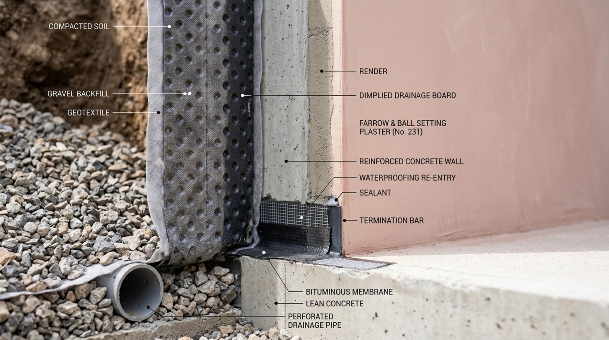 Earth-sheltered waterproofing systems detail showing the layered protection of bentonite clay and dimpled drainage behind a high-design plaster feature wall.