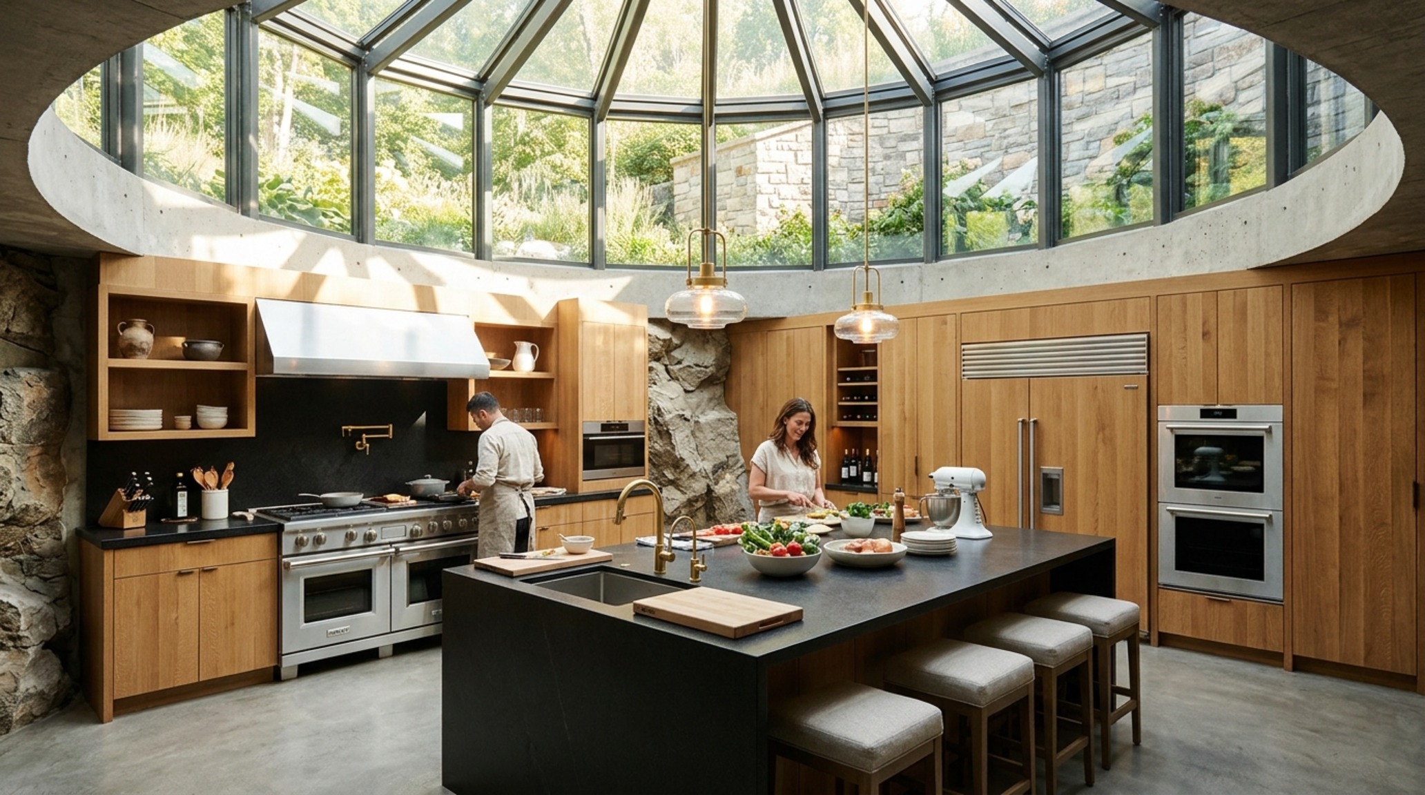 Subterranean natural lighting solutions using a 12ft glass atrium to flood a deep-plan subterranean kitchen with 5000K natural daylight.