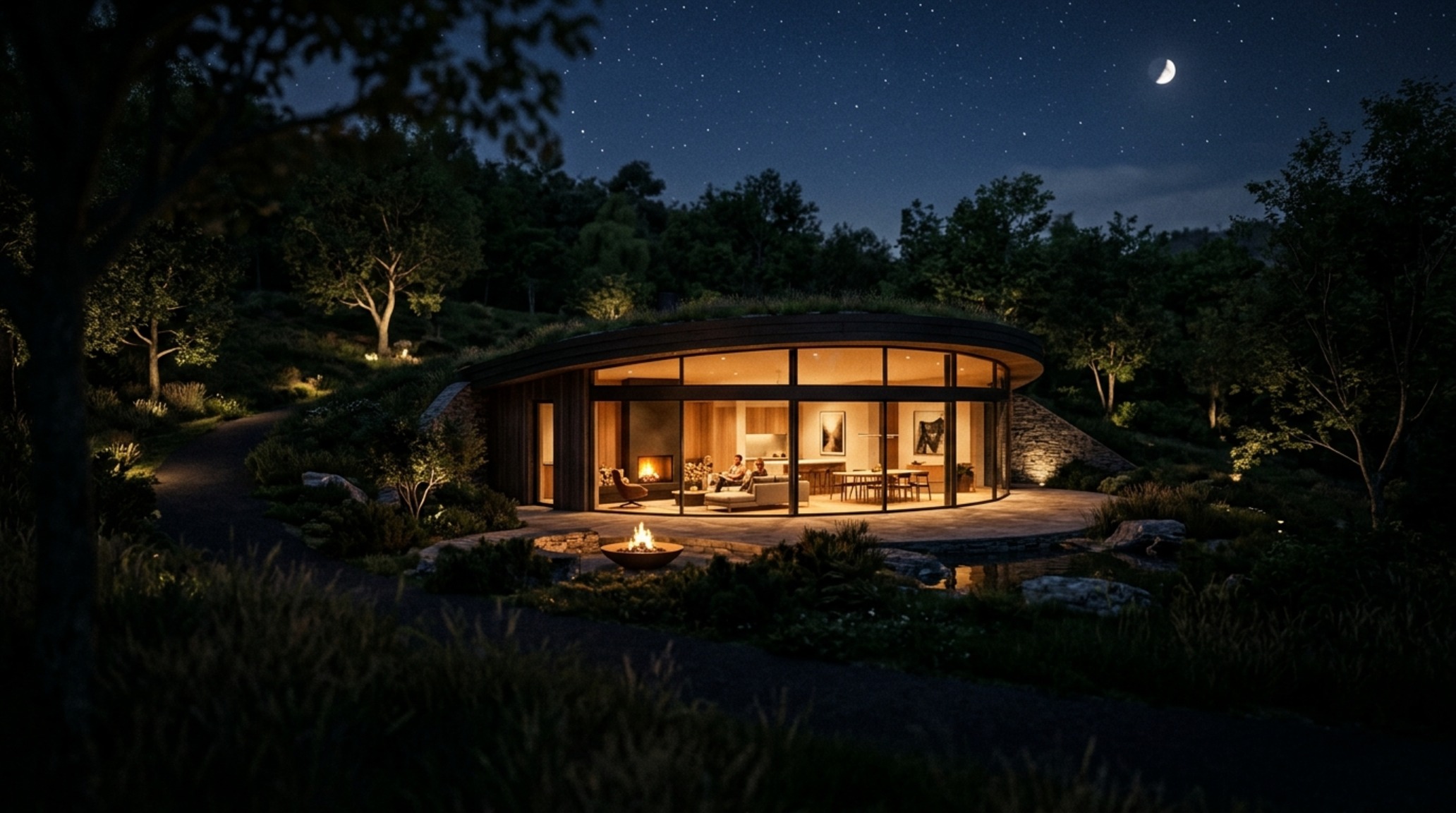 Earth-bermed luxury villas exterior at dusk with warm LED grazing lights emphasizing the textural contrast between raw stone and floor-to-ceiling glass.