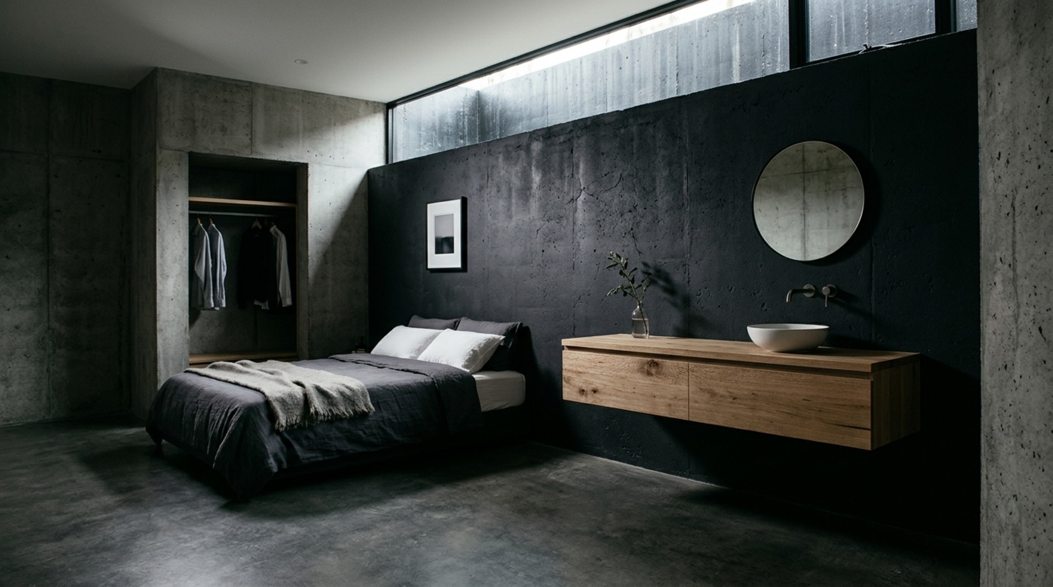 Modern bunker house plans master suite with negative space breathing room and a palette of Farrow & Ball Setting Plaster and charcoal silts.