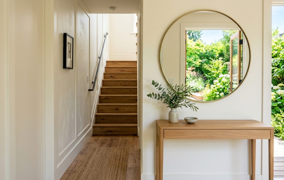 A bright summer entryway featuring a minimalist white oak console, large round mirror, and 36-inch clear circulation path, demonstrating narrow entryway ideas architecture.