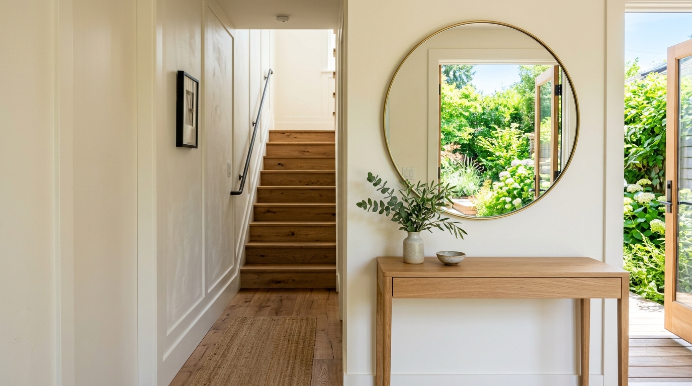 A bright summer entryway featuring a minimalist white oak console, large round mirror, and 36-inch clear circulation path, demonstrating narrow entryway ideas architecture. A bright summer entryway featuring a minimalist white oak console, large round mirror, and 36-inch clear circulation path, demonstrating narrow entryway ideas architecture.