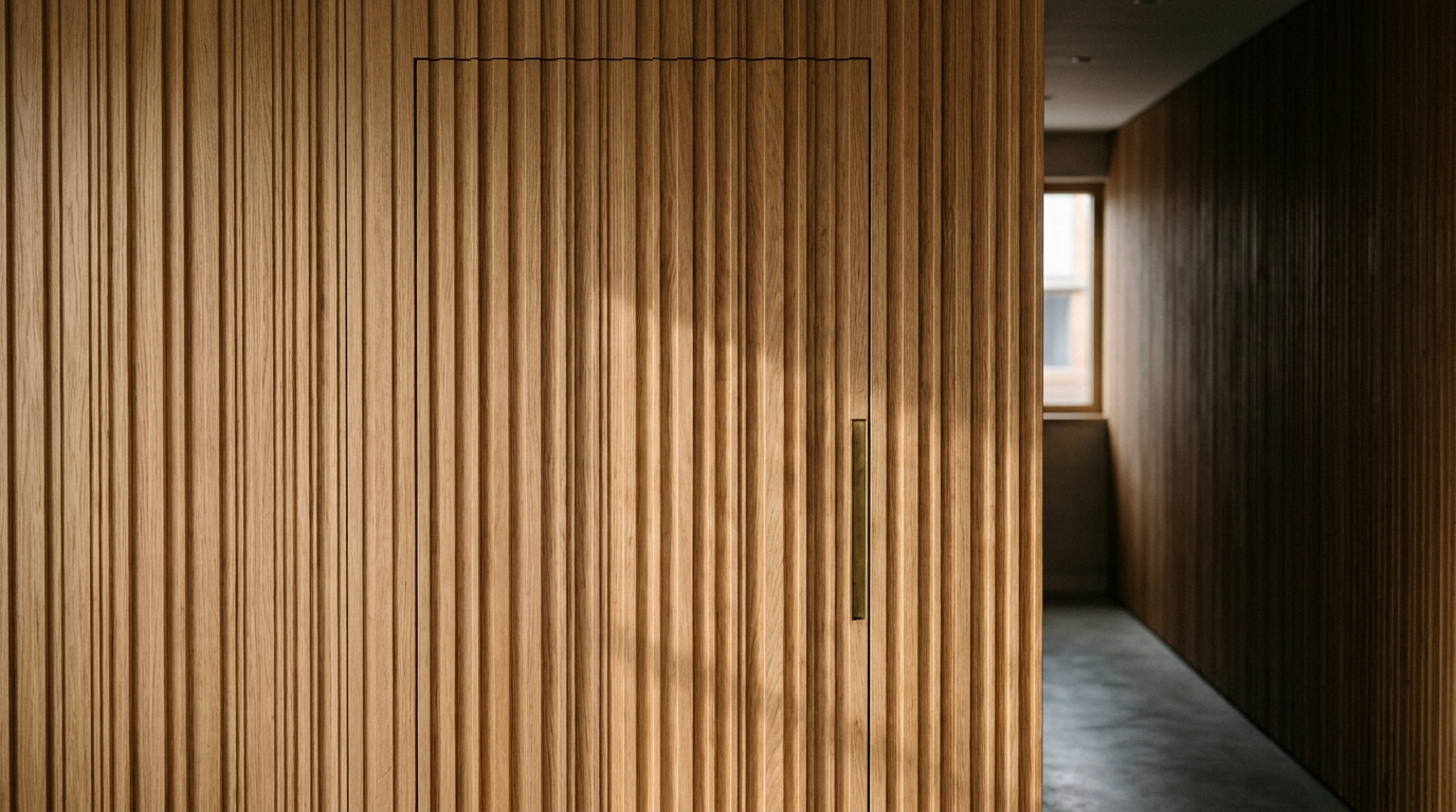 Detail of fluted wood paneling in a narrow entryway used to hide a closet door, a key modern narrow entryway ideas concept. Detail of fluted wood paneling in a narrow entryway used to hide a closet door, a key modern narrow entryway ideas concept.