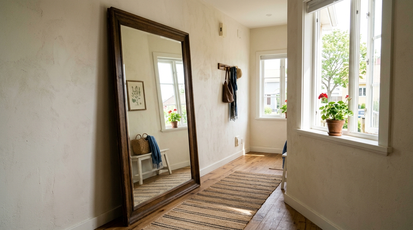 Reflective play in a narrow entryway using a full-height oversized floor mirror to double the perceived width of the space. Reflective play in a narrow entryway using a full-height oversized floor mirror to double the perceived width of the space.