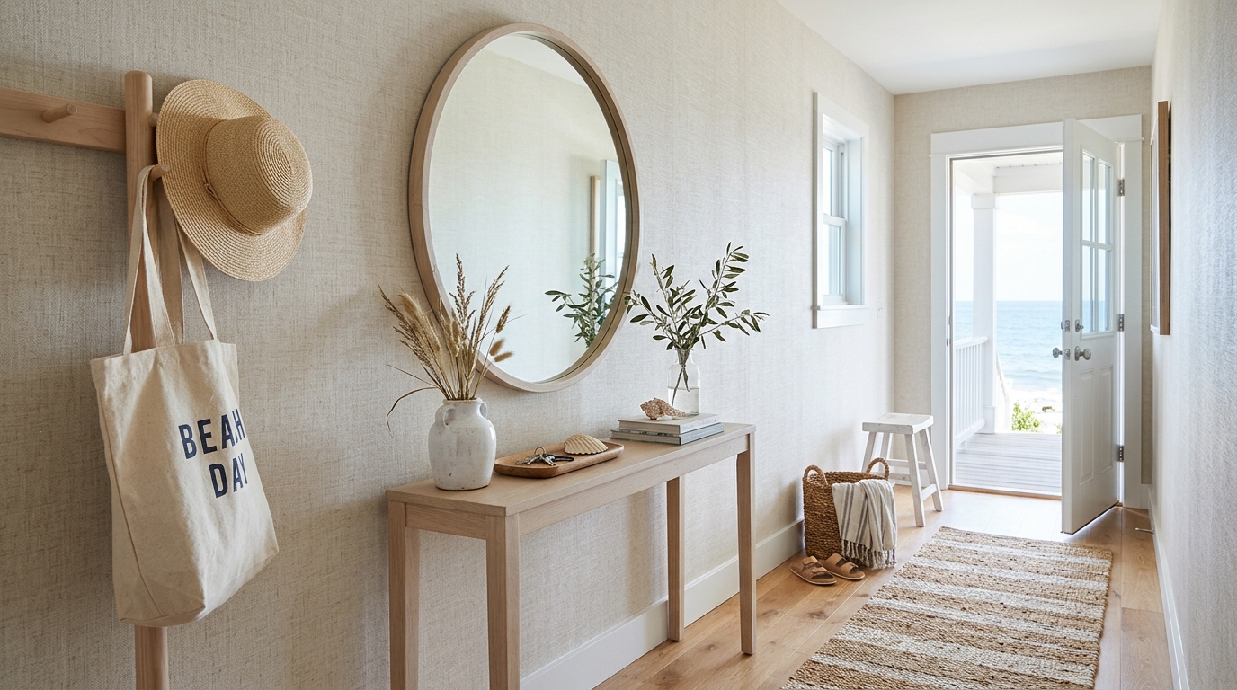 Coastal-inspired narrow entryway with light linen wall coverings and pale timber accents for a breezy summer feel. Coastal-inspired narrow entryway with light linen wall coverings and pale timber accents for a breezy summer feel.