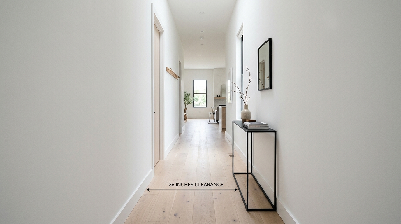 Architectural view of a long hallway with a 36-inch walkway and wall-mounted floating shelves to optimize narrow entryway ideas layout. Architectural view of a long hallway with a 36-inch walkway and wall-mounted floating shelves to optimize narrow entryway ideas layout.