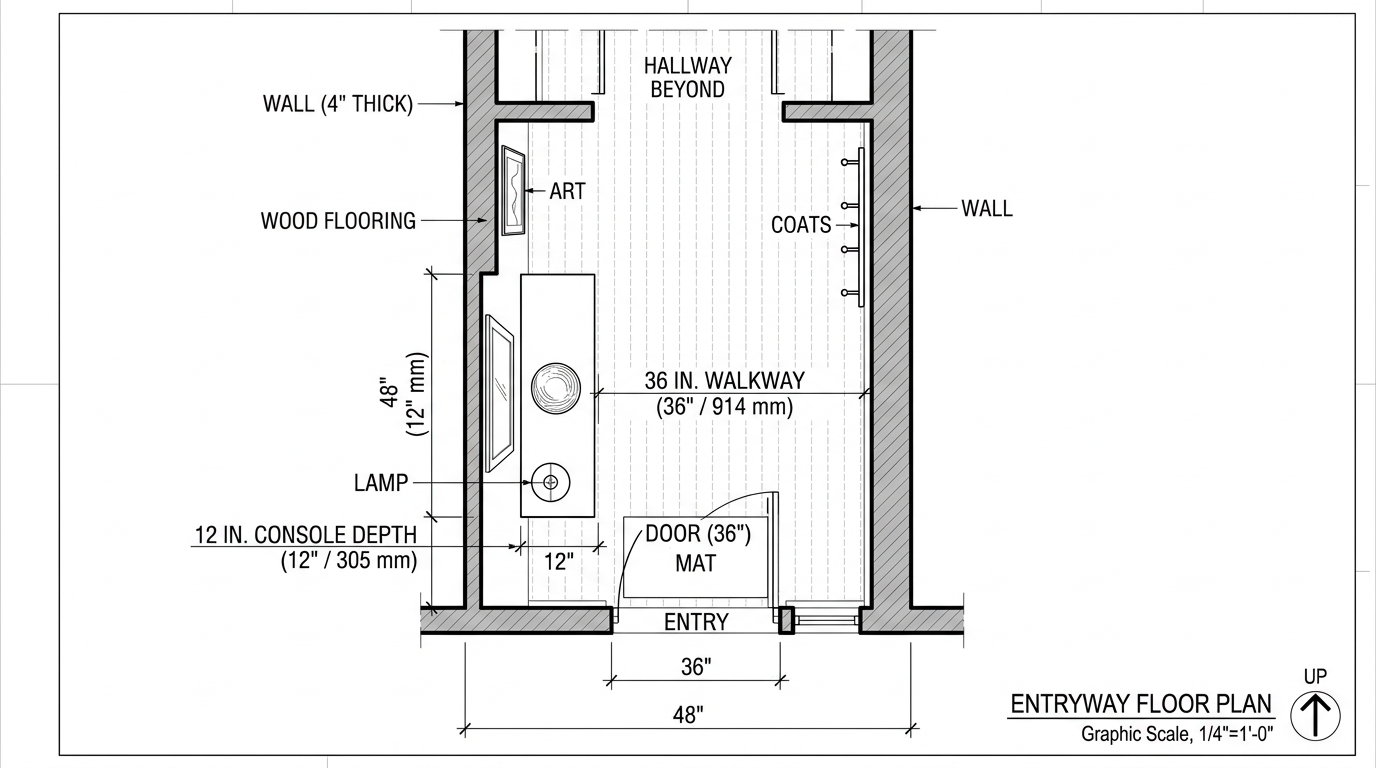 Narrow hallway layout showing the 18-inch reach zone for a small key-drop table without blocking traffic. Narrow hallway layout showing the 18-inch reach zone for a small key-drop table without blocking traffic.