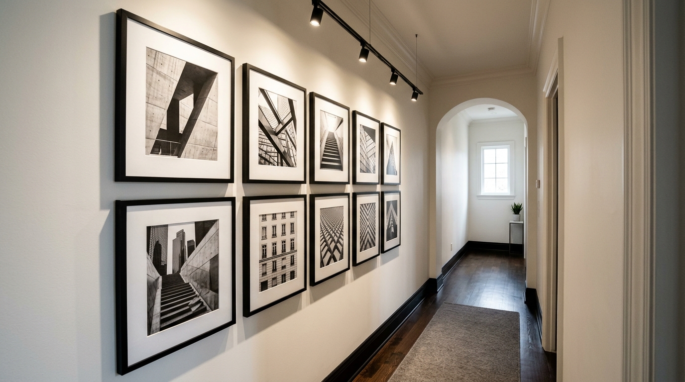 High CRI lighting illuminating a gallery wall of black and white photography in a luxury narrow entryway. High CRI lighting illuminating a gallery wall of black and white photography in a luxury narrow entryway.