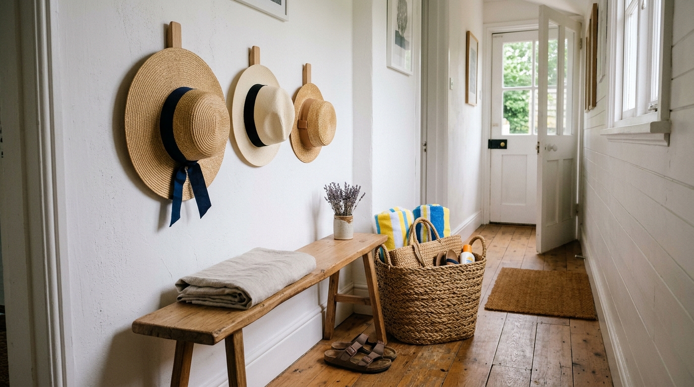A summer 'drop zone' featuring a slim bench, straw hats on hooks, and a wicker basket for sandals. A summer 'drop zone' featuring a slim bench, straw hats on hooks, and a wicker basket for sandals.