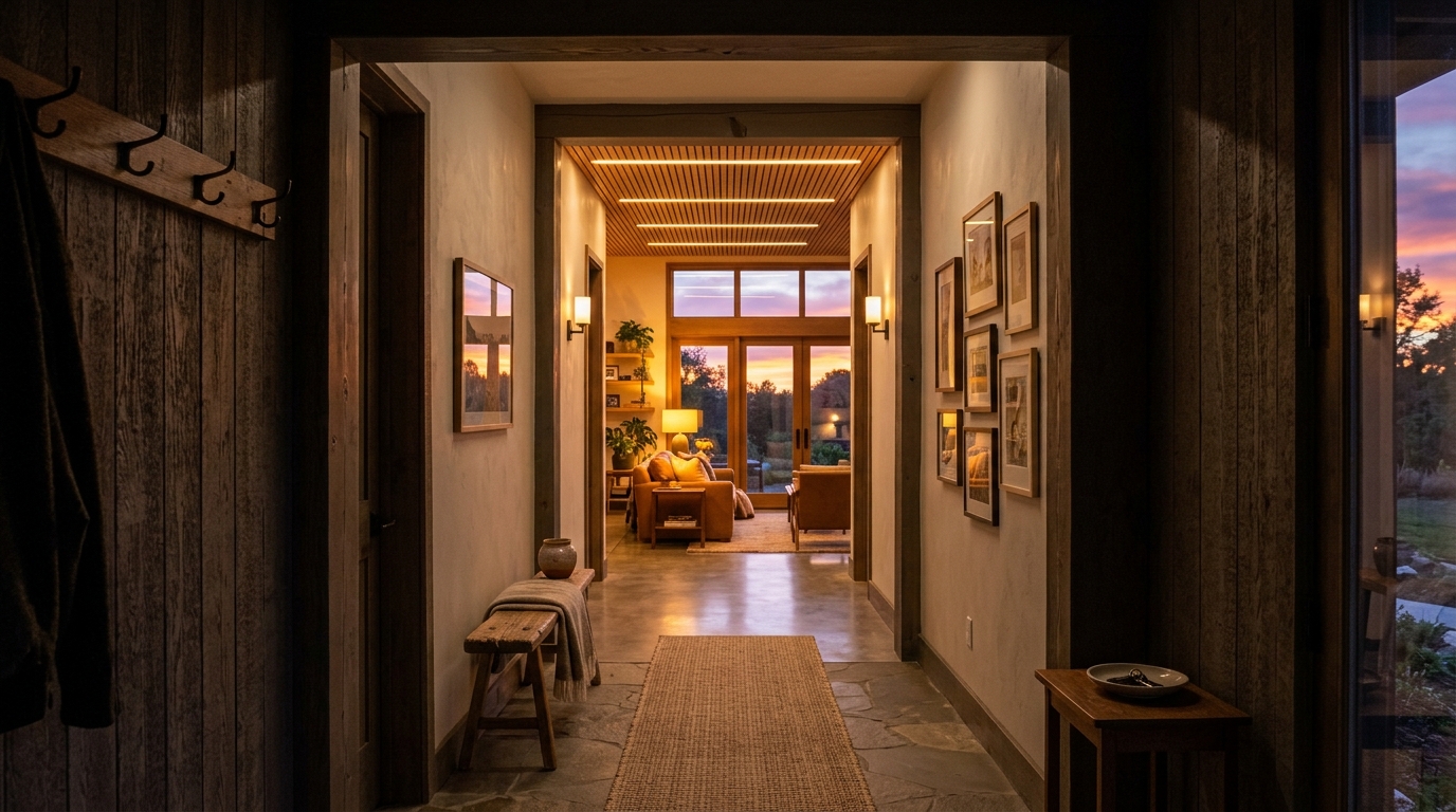 A final view of a perfectly balanced narrow entryway, illustrating the harmony of 36-inch clearances and light-filled sightlines. A final view of a perfectly balanced narrow entryway, illustrating the harmony of 36-inch clearances and light-filled sightlines.
