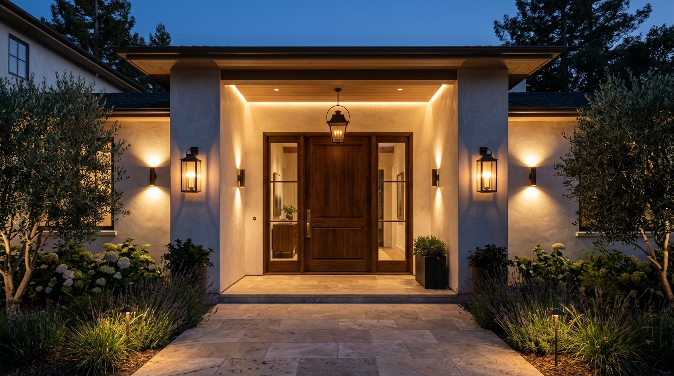 Evening entryway lighting featuring 2700K warm sconces and diffused shadows to illustrate a narrow entryway ideas lighting guide. Evening entryway lighting featuring 2700K warm sconces and diffused shadows to illustrate a narrow entryway ideas lighting guide.