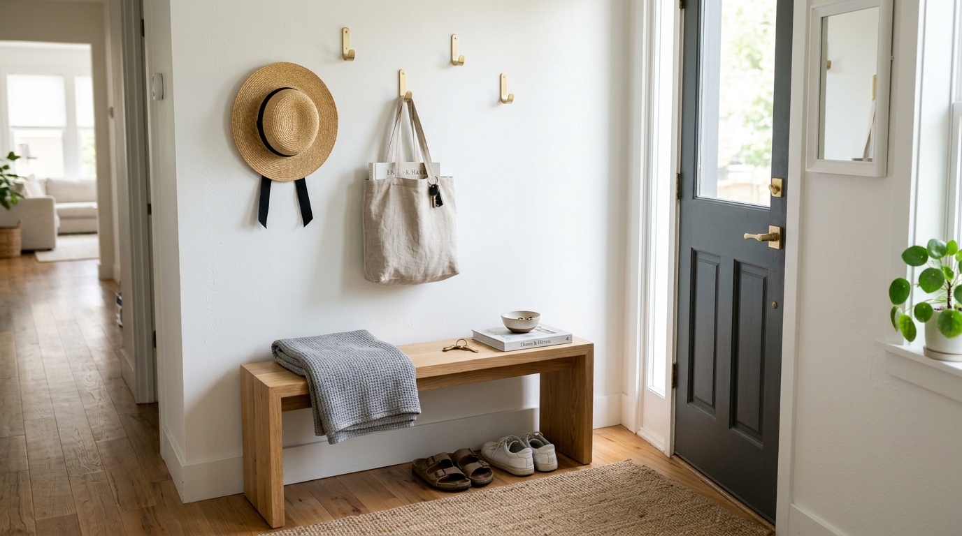 Ergonomic entryway design with a shallow bench and minimalist brass hooks for summer accessories, highlighting narrow entryway ideas ergonomics. Ergonomic entryway design with a shallow bench and minimalist brass hooks for summer accessories, highlighting narrow entryway ideas ergonomics.