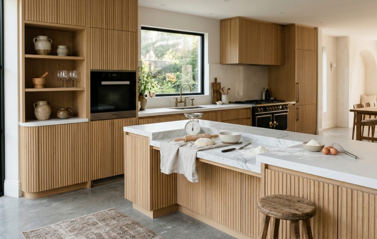 Modern kitchen ergonomics featuring a lowered baking station in fluted white oak with a honed marble countertop and integrated task lighting.