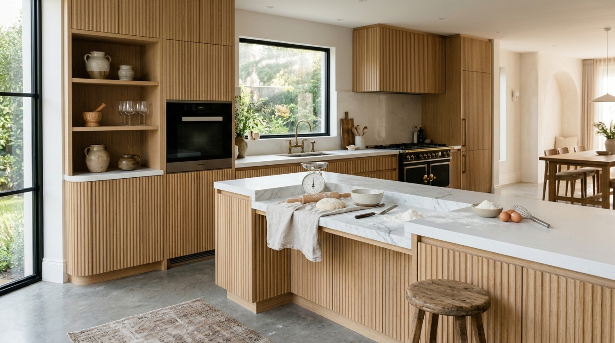 Modern kitchen ergonomics featuring a lowered baking station in fluted white oak with a honed marble countertop and integrated task lighting. Modern kitchen ergonomics featuring a lowered baking station in fluted white oak with a honed marble countertop and integrated task lighting.