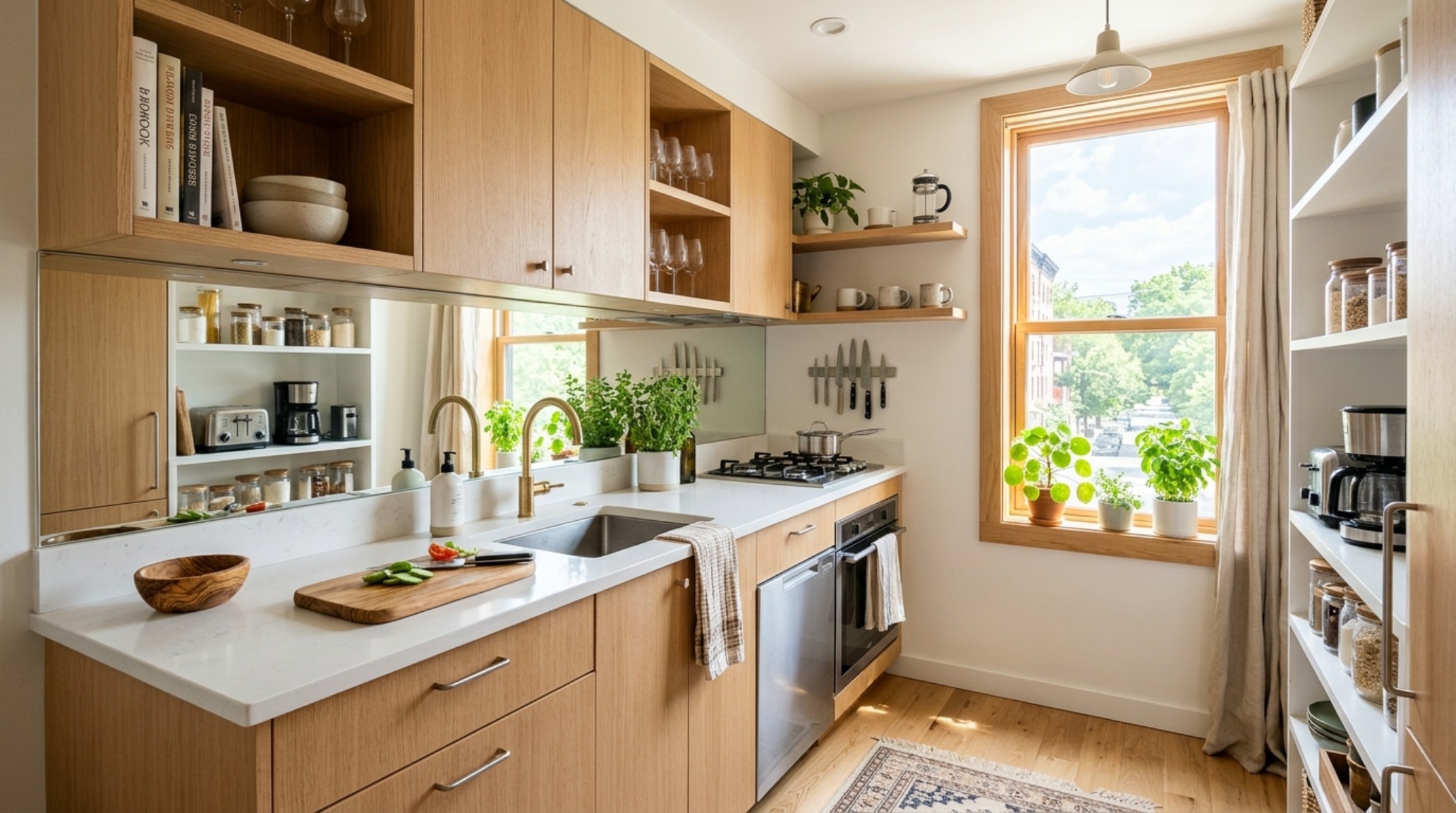 Best kitchen layout for small spaces utilizing a mirrored backsplash and high-gloss white lacquer to expand visual volume. Best kitchen layout for small spaces utilizing a mirrored backsplash and high-gloss white lacquer to expand visual volume.