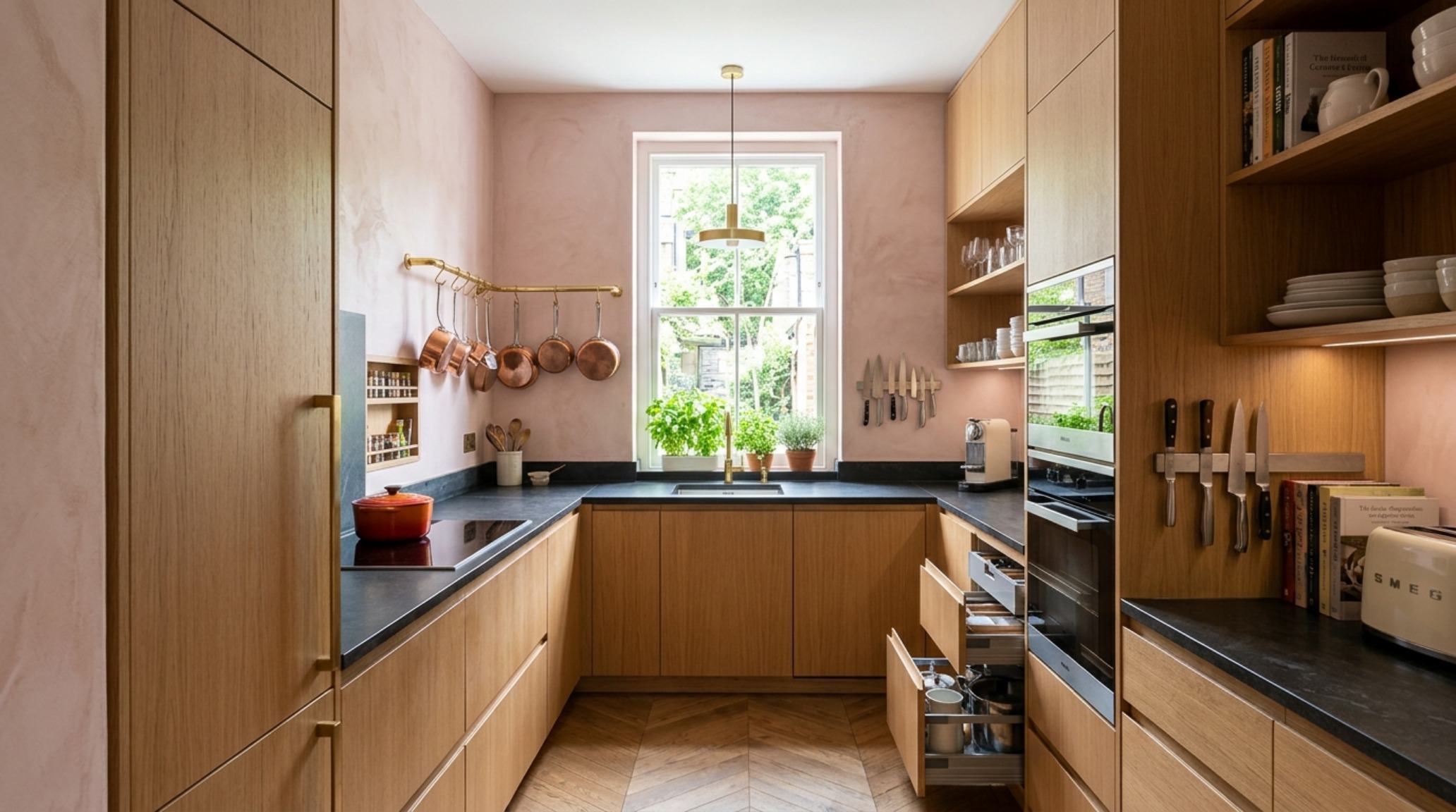 Best kitchen layout for small spaces highlighting a compact galley kitchen with ceiling-height cabinetry in Farrow & Ball Setting Plaster. Best kitchen layout for small spaces highlighting a compact galley kitchen with ceiling-height cabinetry in Farrow & Ball Setting Plaster.