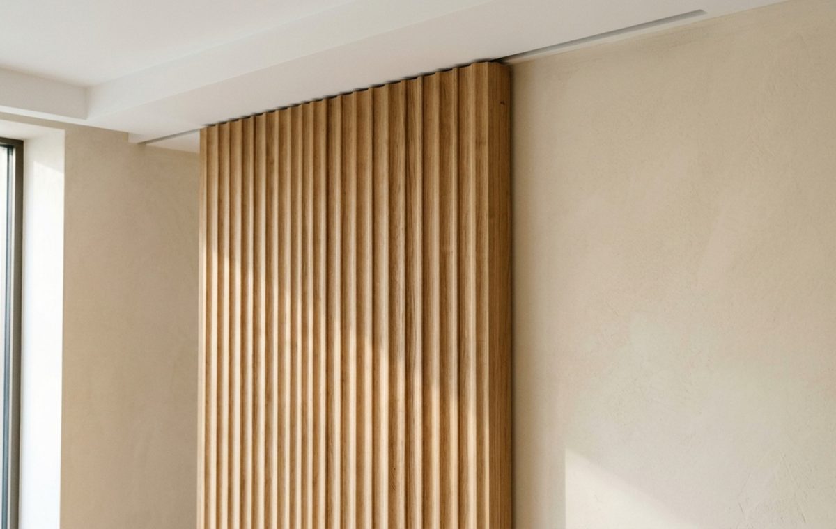 ghost door track system installed on a seamless floor-to-ceiling white oak panel in a minimalist gallery space with soft 2700K cove lighting.