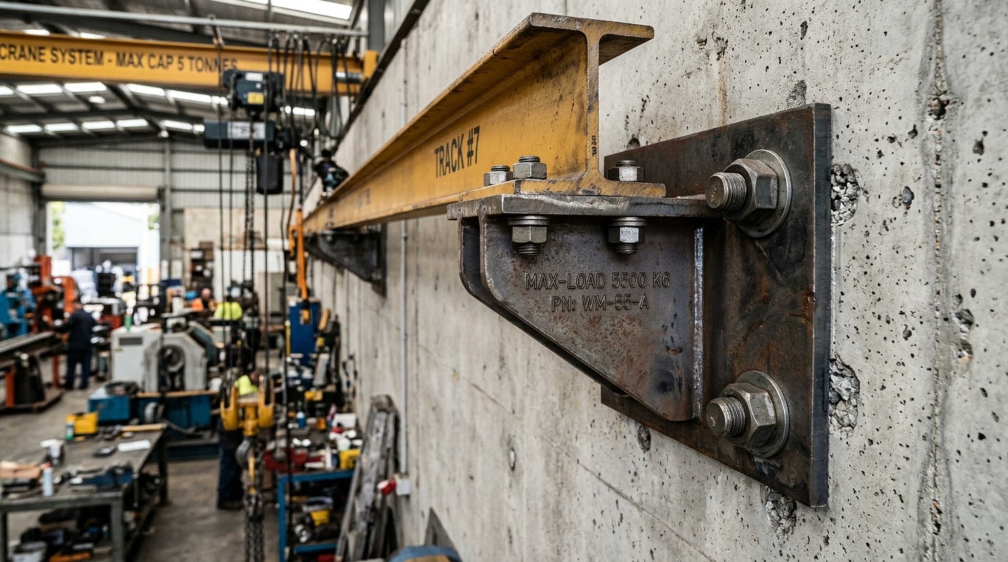 heavy duty wall mount track showing the structural mounting plate secured into a reinforced wall header for an oversized steel-framed glass partition.