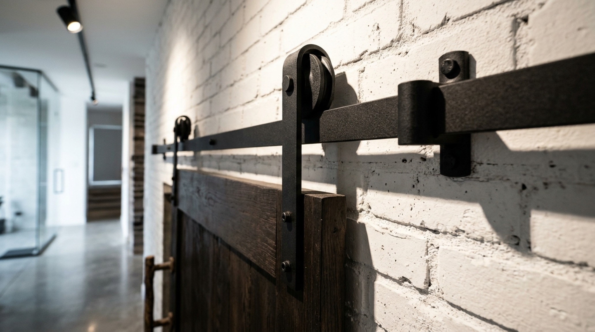 black powder coated sliding rail providing a bold industrial contrast against a Benjamin Moore Swiss Coffee plaster wall and high-CRI directional lighting.