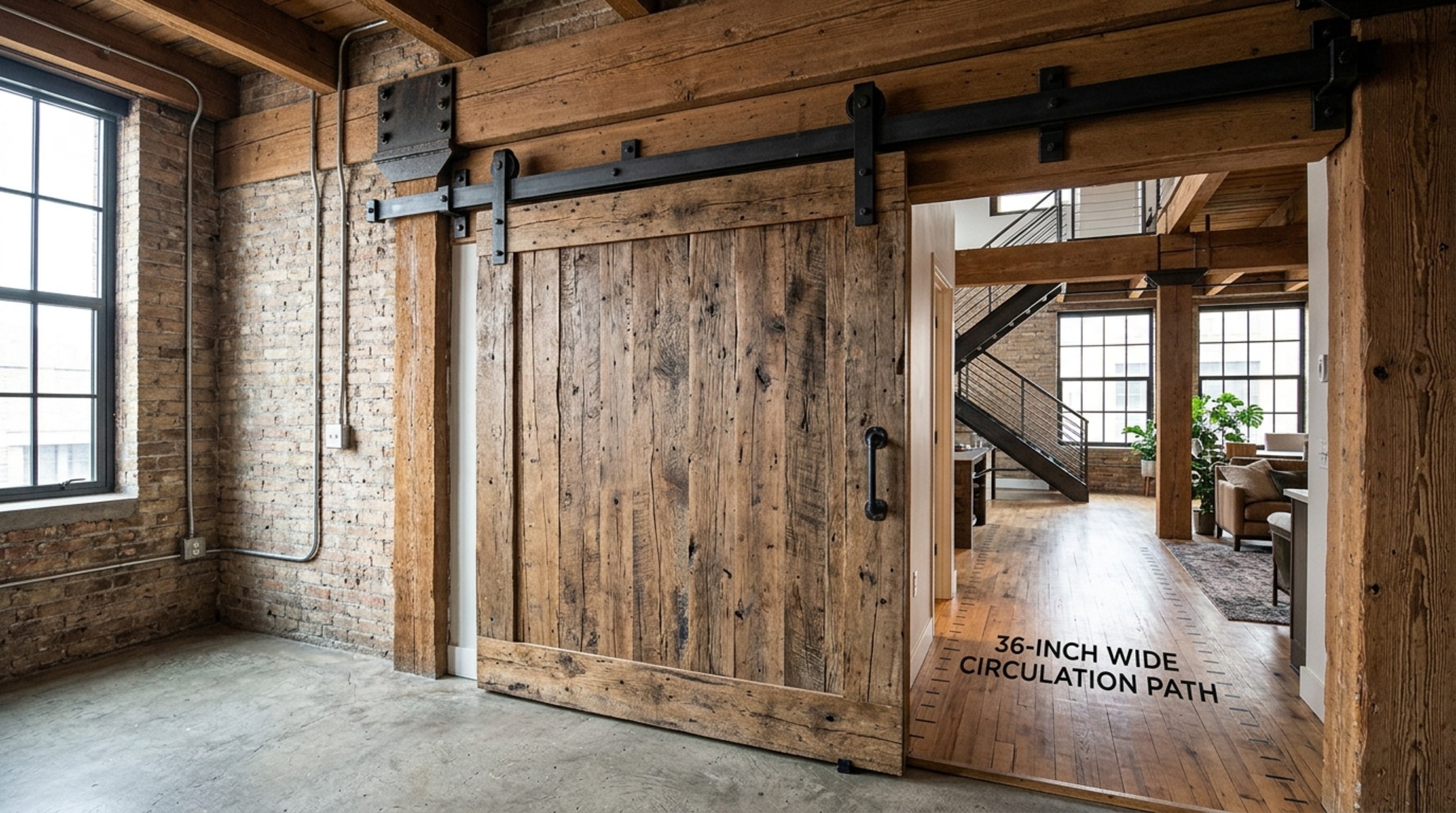 heavy duty wall mount track supporting a massive 300-pound reclaimed timber door with exposed steel bolts and a clean architectural header-board.