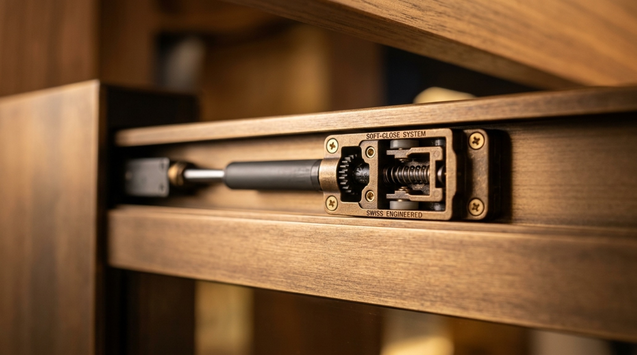 soft-close sliding door hardware detail showing the hydraulic dampening mechanism integrated into a sleek brushed bronze rail system.