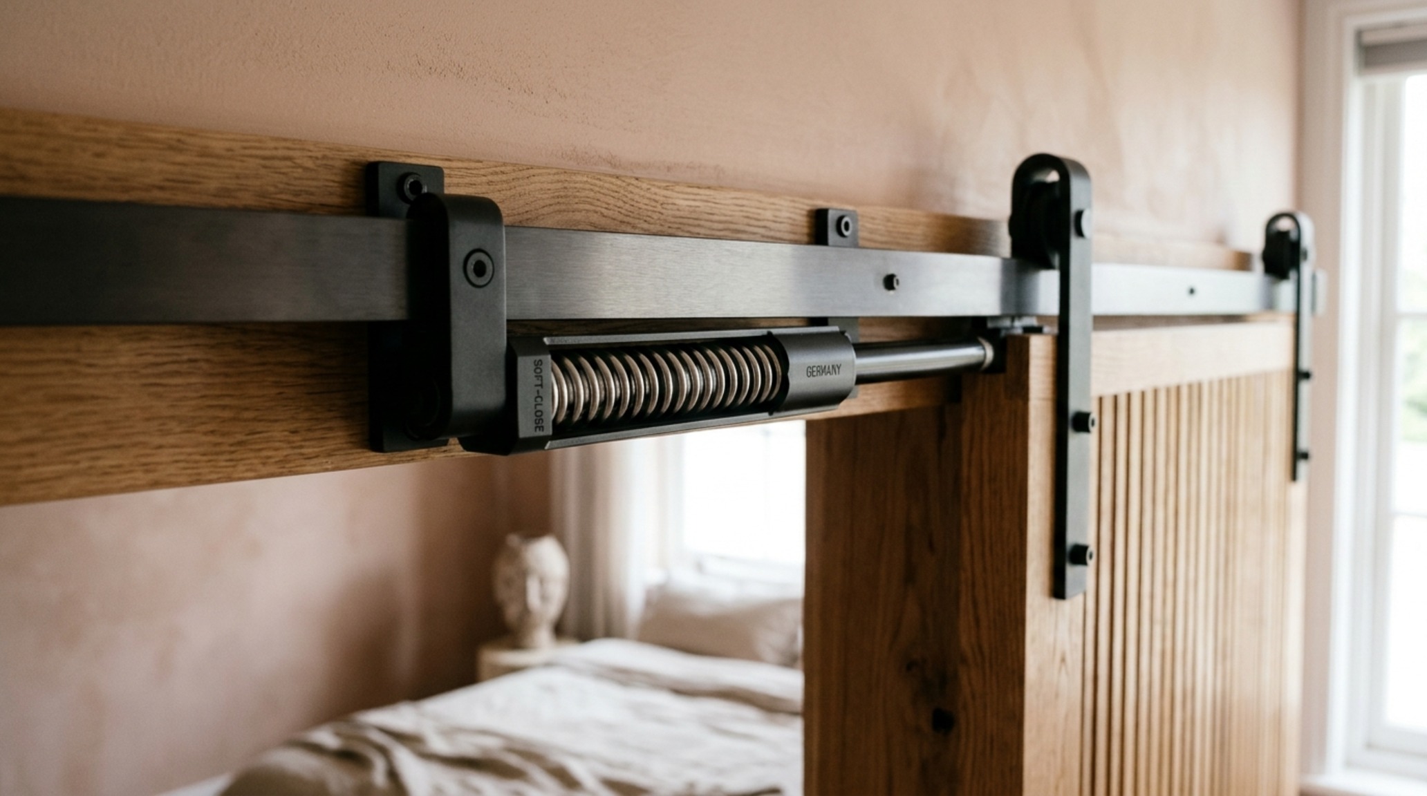 soft-close sliding door hardware engaging with a whisper-quiet dampener as a slab of honed travertine stone glides into a closed position.