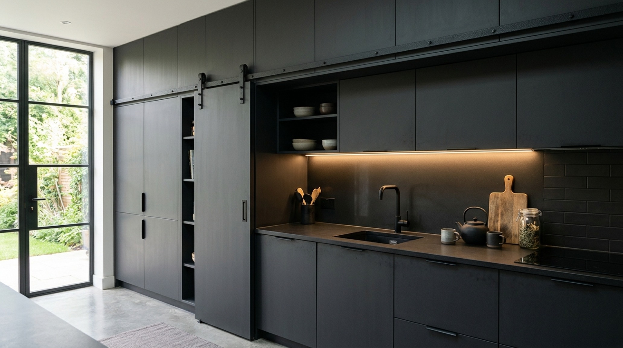 black powder coated sliding rail used in a kitchen pantry application with matte black hardware and a charcoal slate backsplash backdrop.