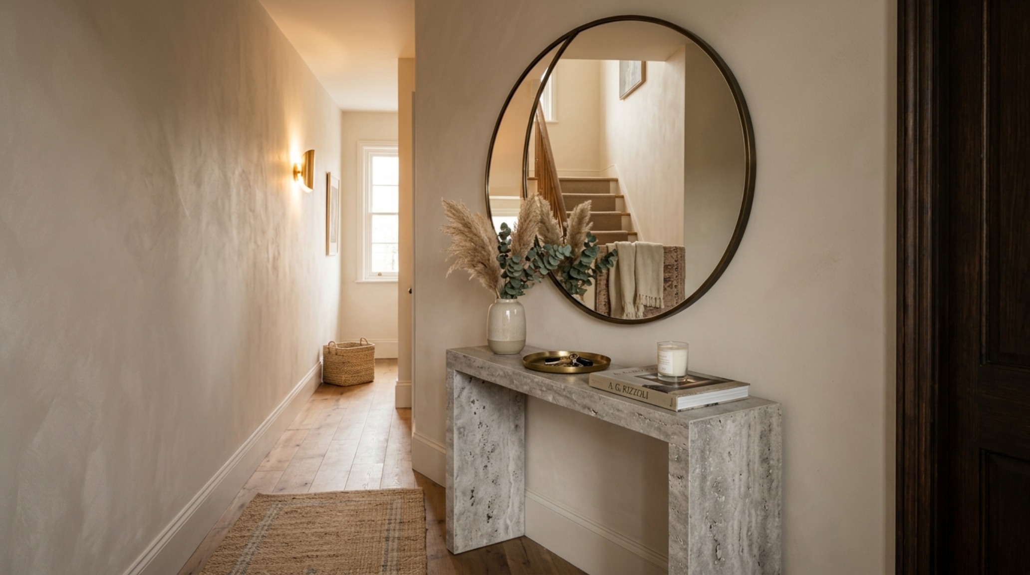 Symmetry in a narrow entryway featuring a honed travertine console table, a large circular mirror, and 2700K warm glow brass sconces with a jute runner on oak floors.