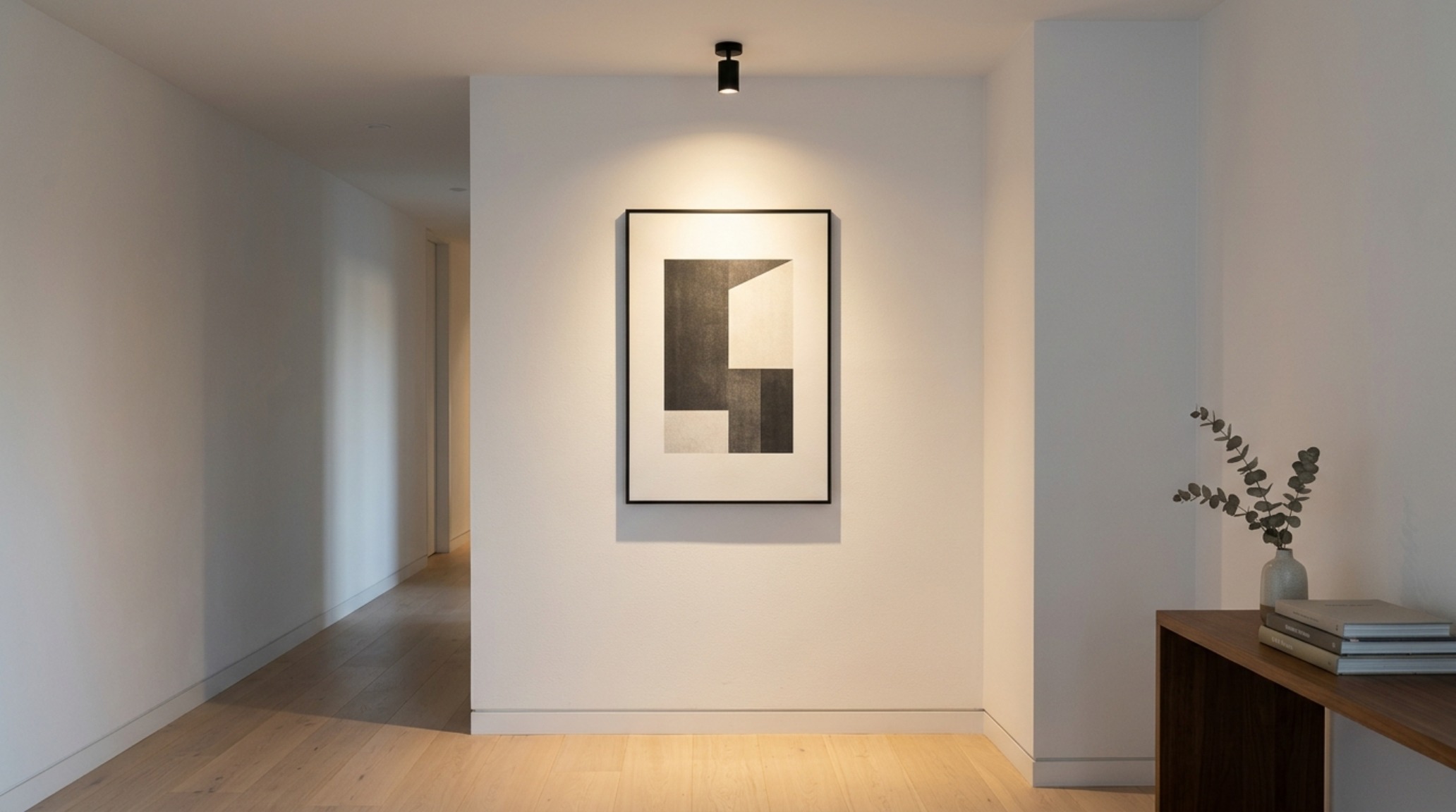 A curated foyer vignette with a single framed abstract art piece illuminated by a recessed 2700K spotlight with a high CRI rating.