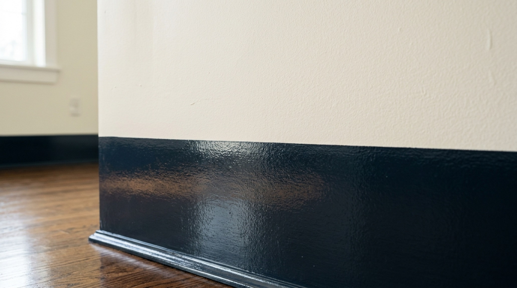 Detail shot of a 'High-Low' paint strategy: charcoal high-gloss lower wall meeting a matte cream upper wall with perfect horizontal alignment.