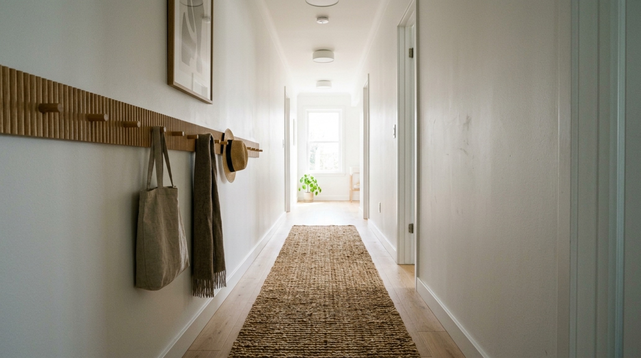 Architectural view of a 36-inch wide narrow hallway featuring a slim-profile wall-mounted oak coat rack and a long jute runner rug for tactile grounding.