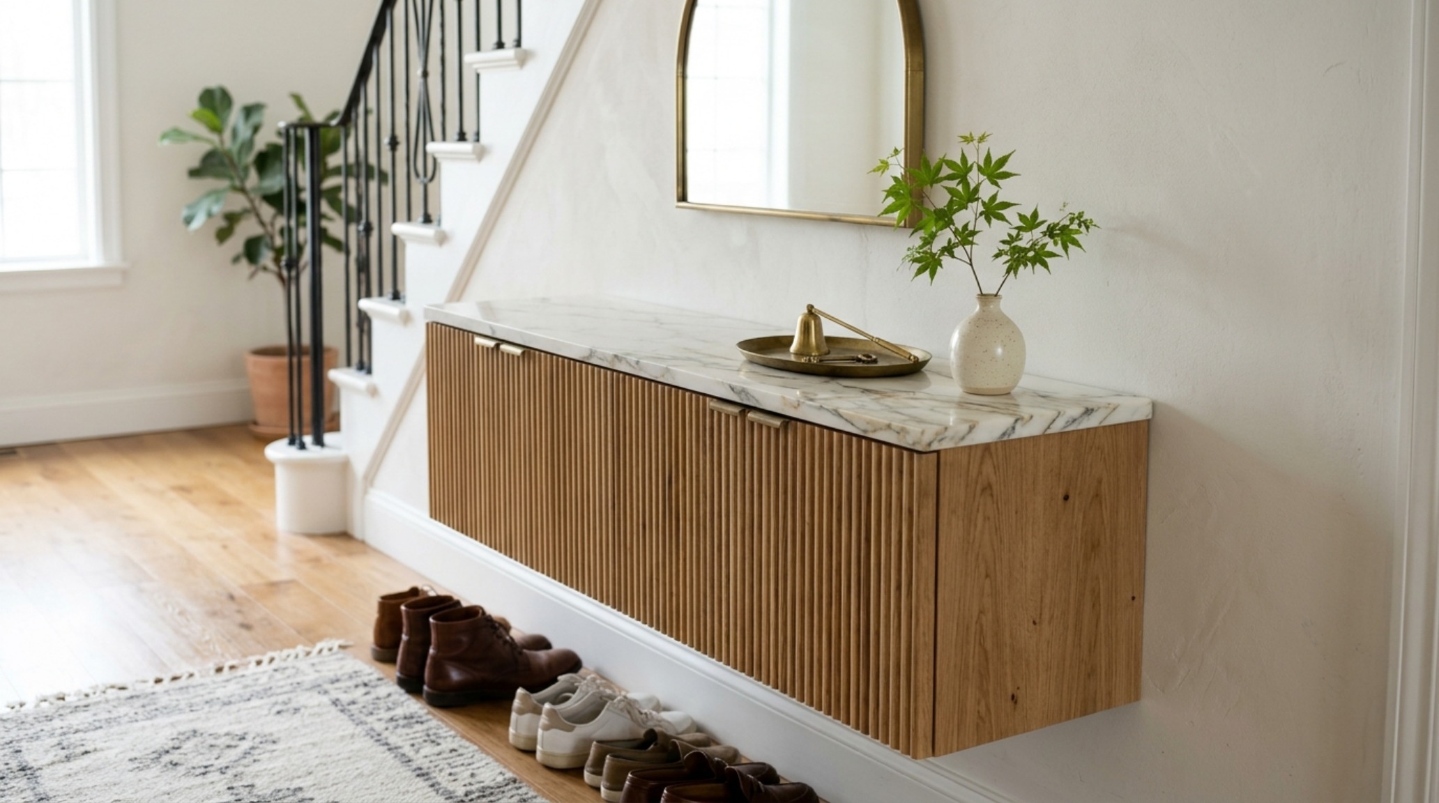 Close-up of a fluted white oak storage cabinet in a narrow entryway with unlacquered brass hardware and a small bowl for keys.