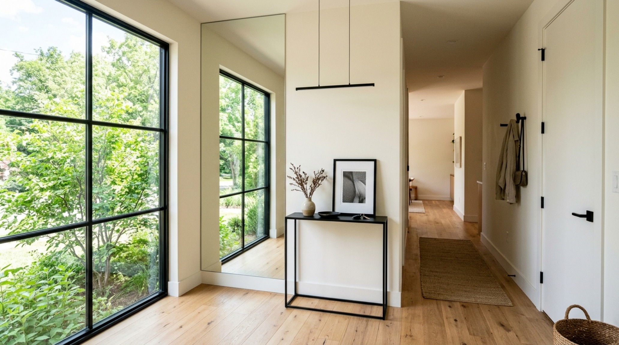 A large minimalist mirror reflecting an open sunlit living room to create an illusion of space in a compact modern apartment hallway.