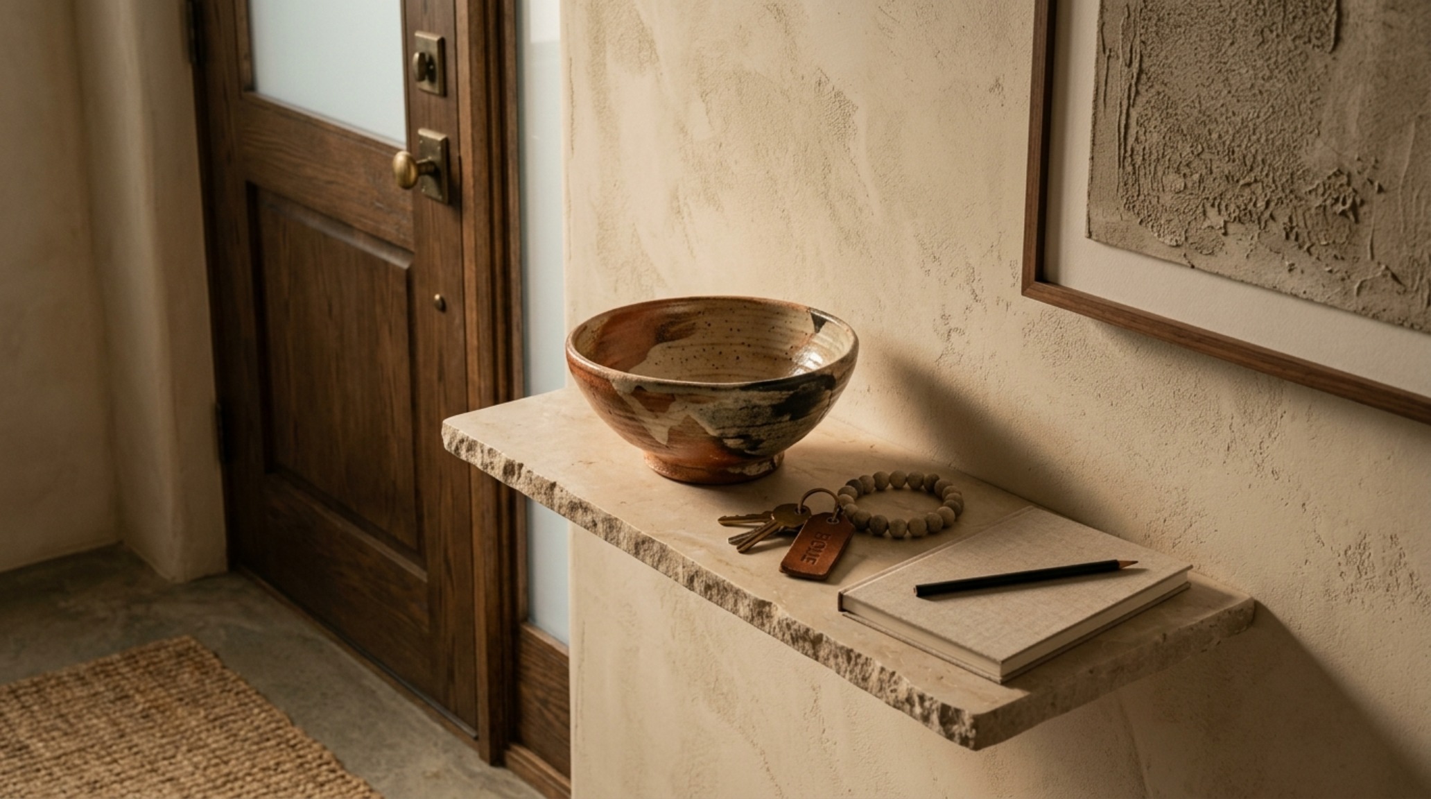High-end entryway decor featuring a vintage ceramic vase with organic branches on a narrow stone shelf under warm ambient light.