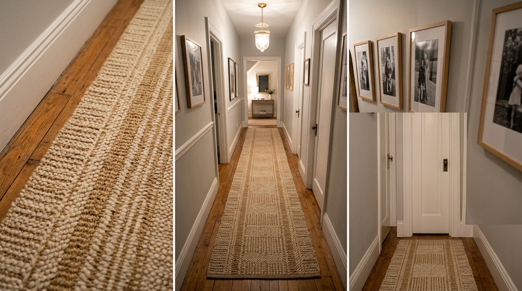 Top-down view of a textured jute hallway runner leading toward a bright doorway, highlighting the rhythmic pattern and natural material contrast.