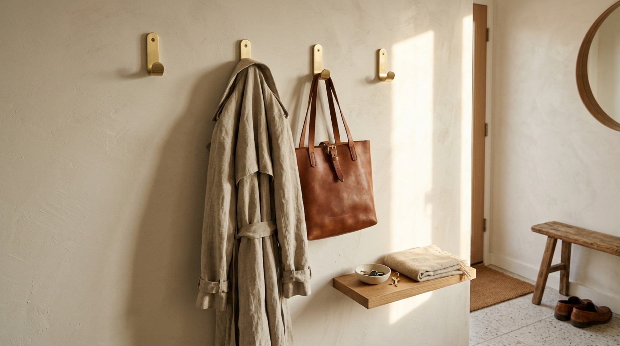 Polished brass coat hooks mounted on a matte plaster wall, showcasing functional elegance in a small-space urban entrance hall.