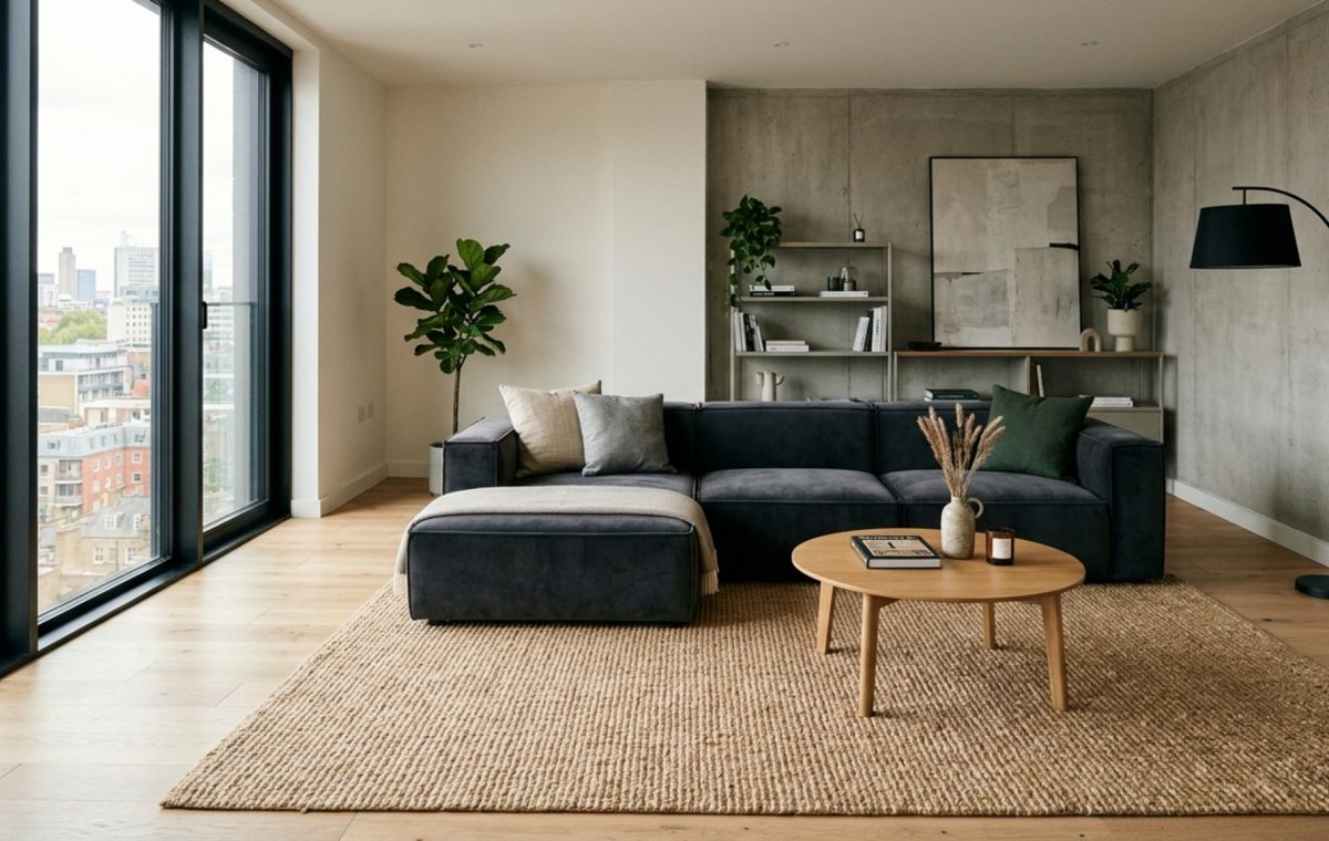 modern apartment living room ideas featuring a low-profile charcoal velvet modular sofa on a large jute rug with 36-inch walkway clearance