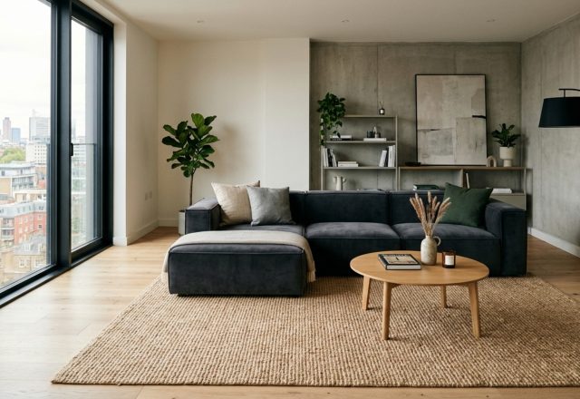 modern apartment living room ideas featuring a low-profile charcoal velvet modular sofa on a large jute rug with 36-inch walkway clearance