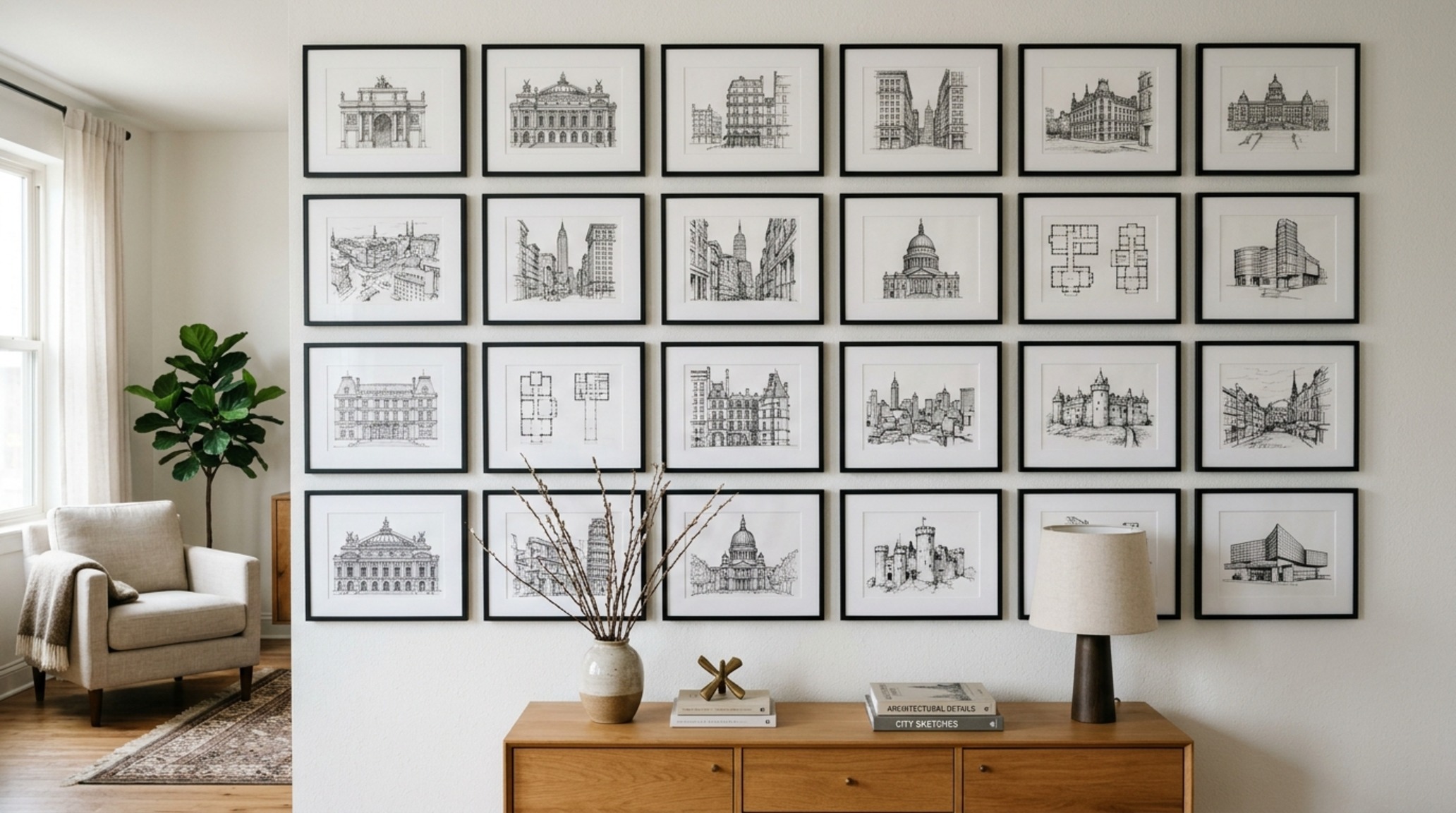 apartment wall decor ideas showcasing a tight-grid gallery wall of architectural photography with 2-inch spacing for visual cohesion