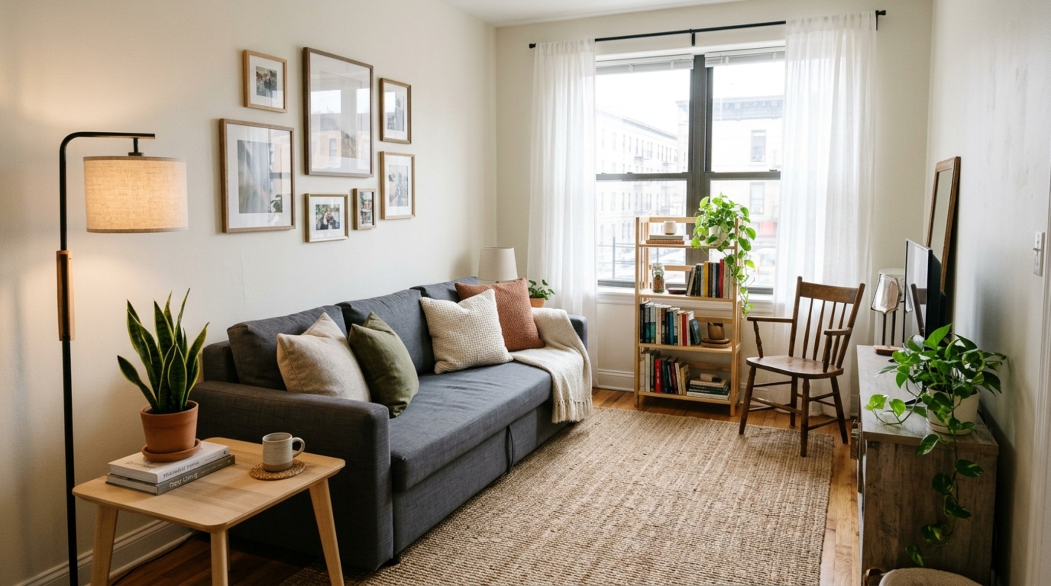 how to decorate a small apartment on a budget through strategic use of Benjamin Moore Swiss Coffee paint and thrifted ceramic vessels