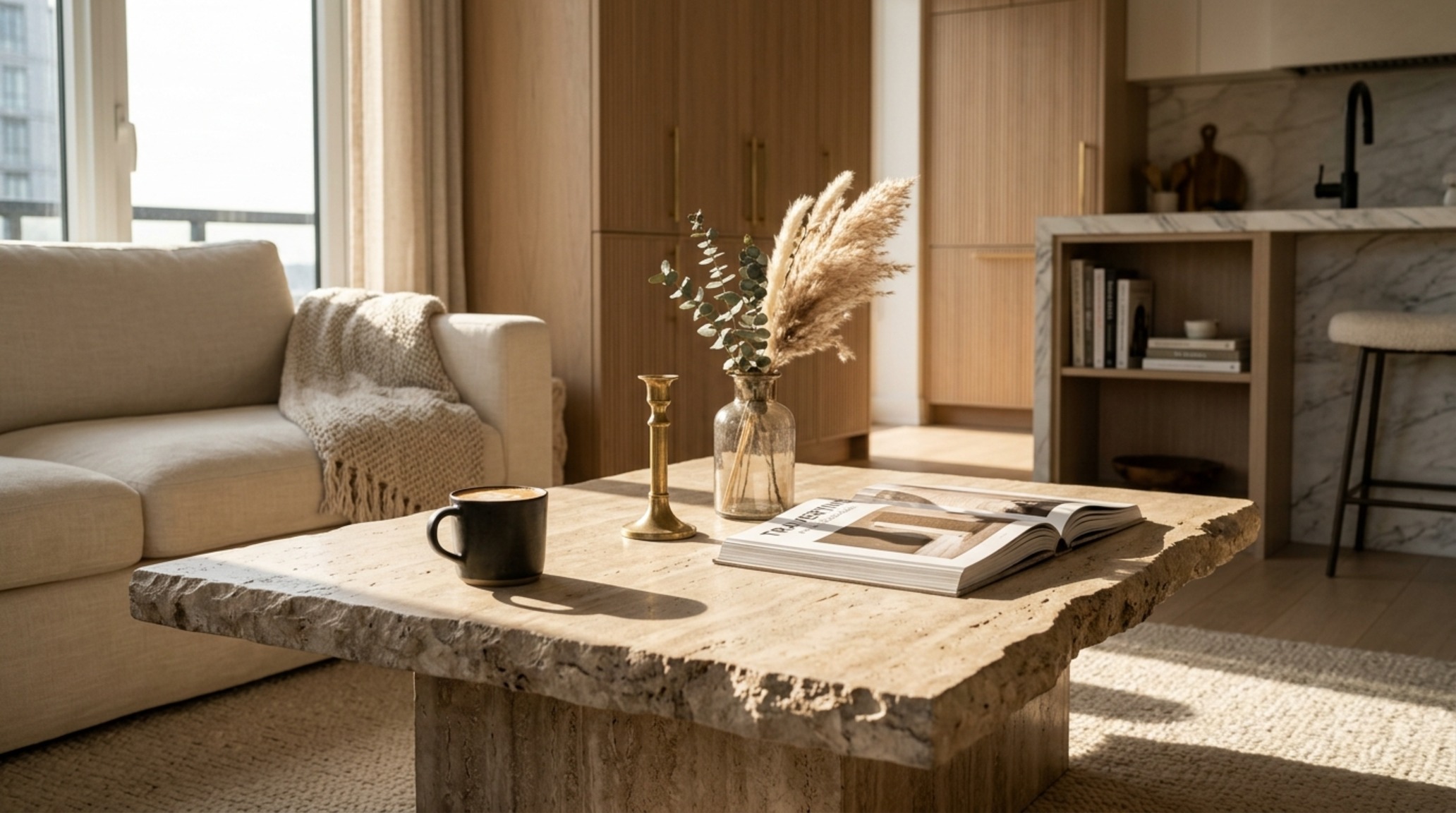 luxury apartment interior design showcasing a honed travertine coffee table and fluted white oak cabinetry in a sun-drenched open-plan space