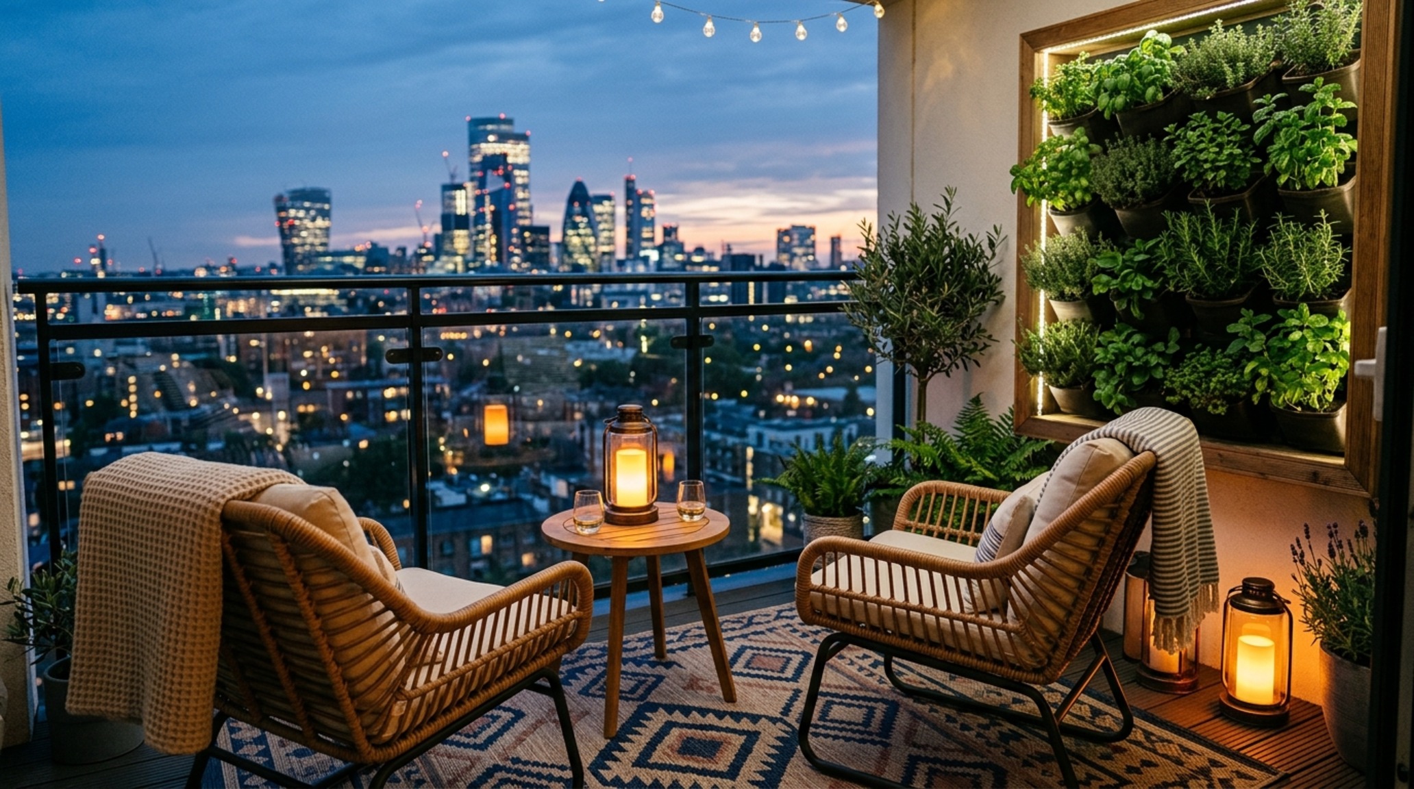 apartment balcony decor ideas with weather-resistant rattan chairs, vertical planters, and warm hurricane lantern lighting for sunset views