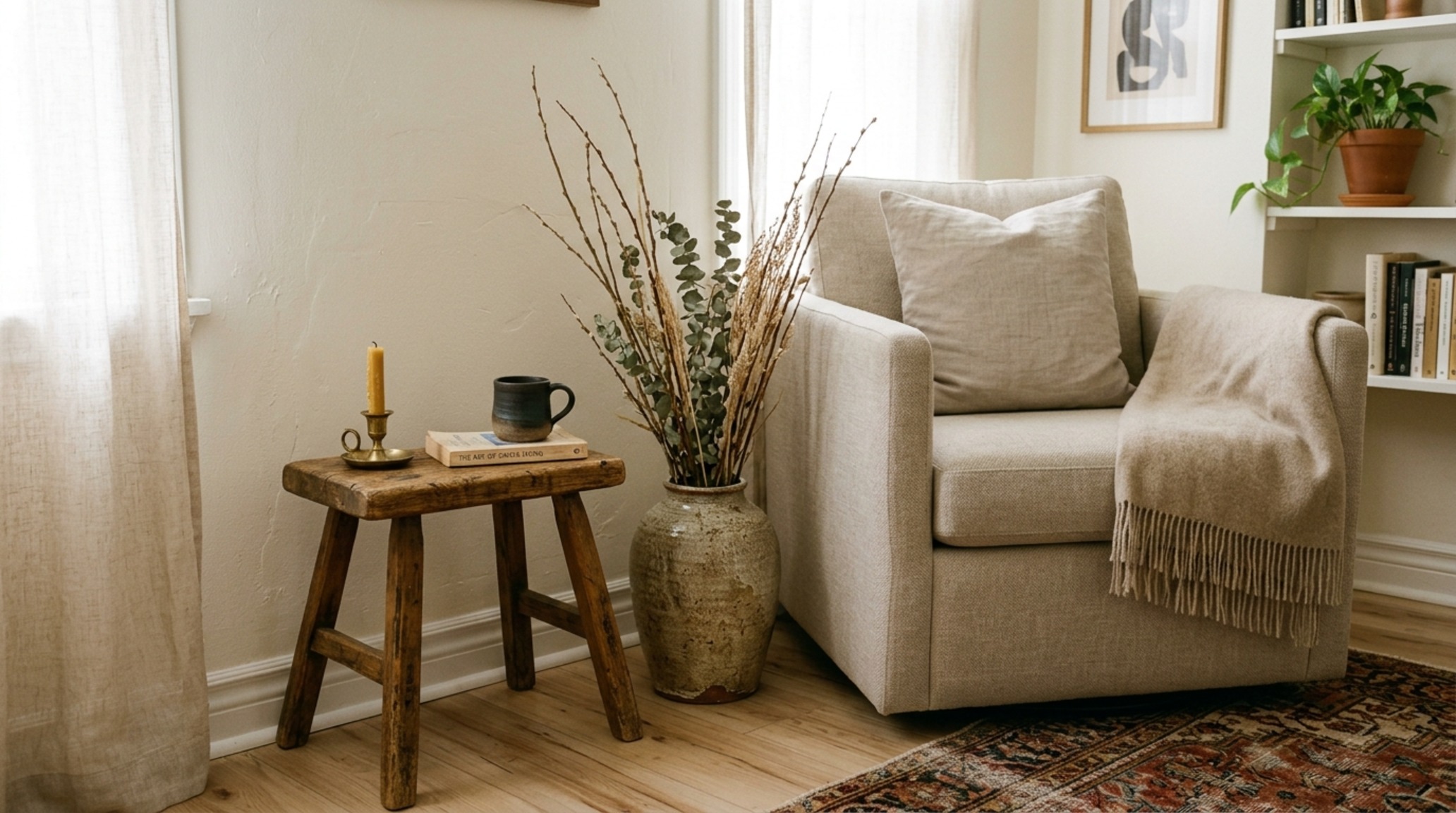 how to decorate a small apartment on a budget using a curated mix of vintage wood stools and high-quality performance fabric seating