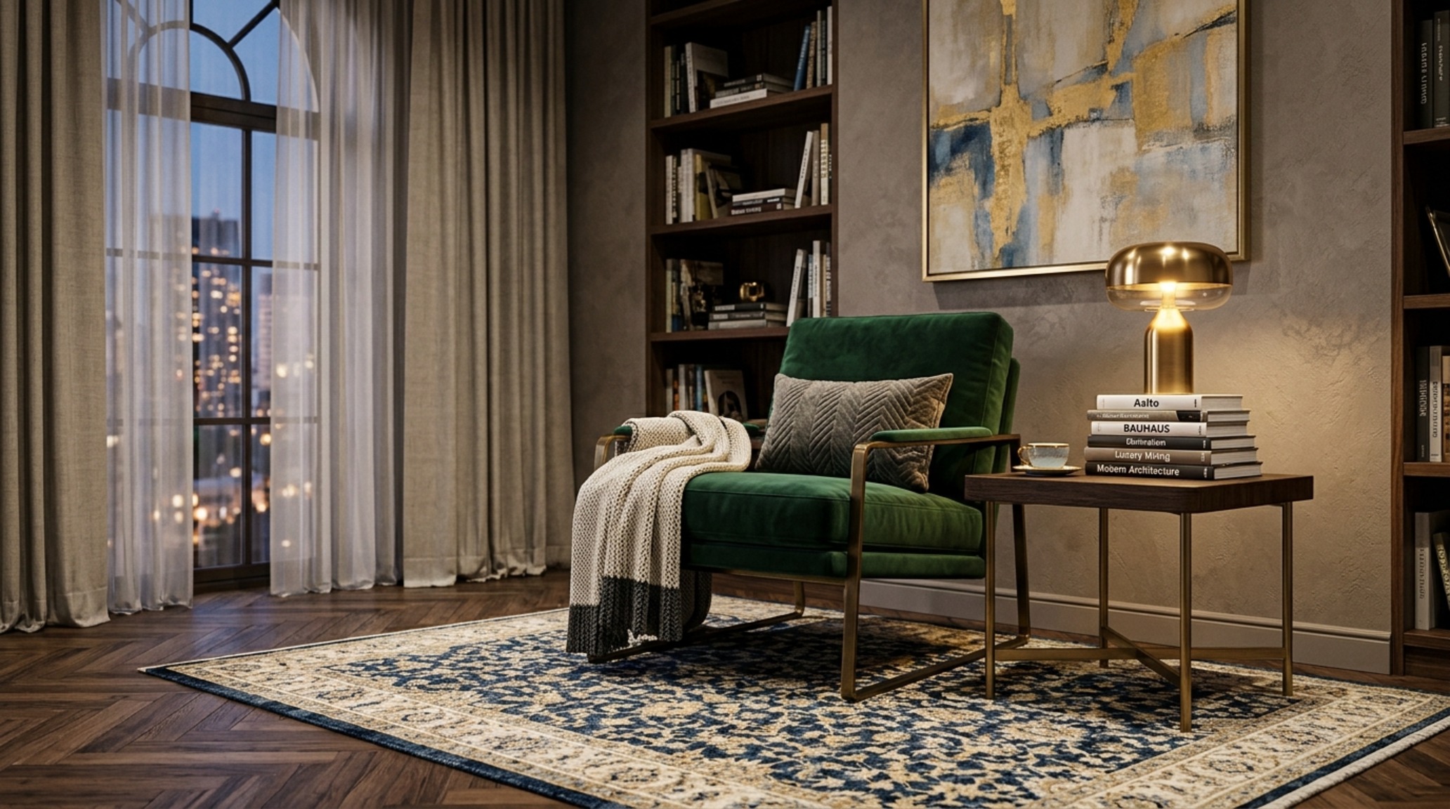 luxury apartment interior design with a focus on tactile materiality including a silk-wool blend rug and brushed brass hardware