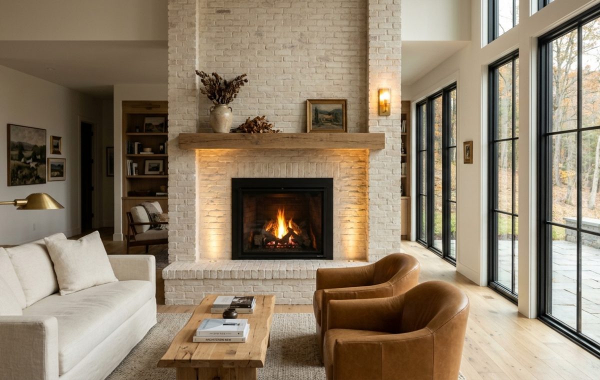 A bright, airy living room featuring an interior brick masonry finish with Romabio Classico Limewash and warm 2700K ambient lighting.